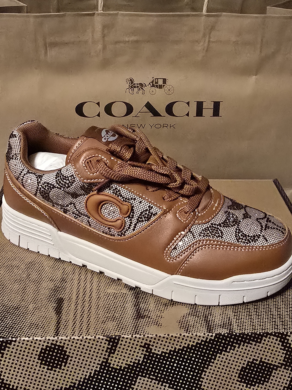 Coach Brown and White Logo-Print Leather Sneaker